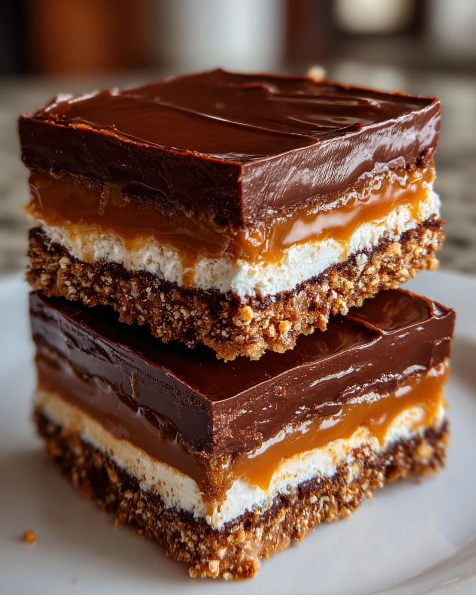 Two stacked squares of rich Caramilk Slice showing layers of chocolate, caramel, marshmallow, and a crumb base.