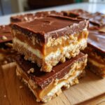 Two stacked squares of rich Caramilk Slice showing distinct layers of chocolate, caramel, creamy filling, and biscuit base.