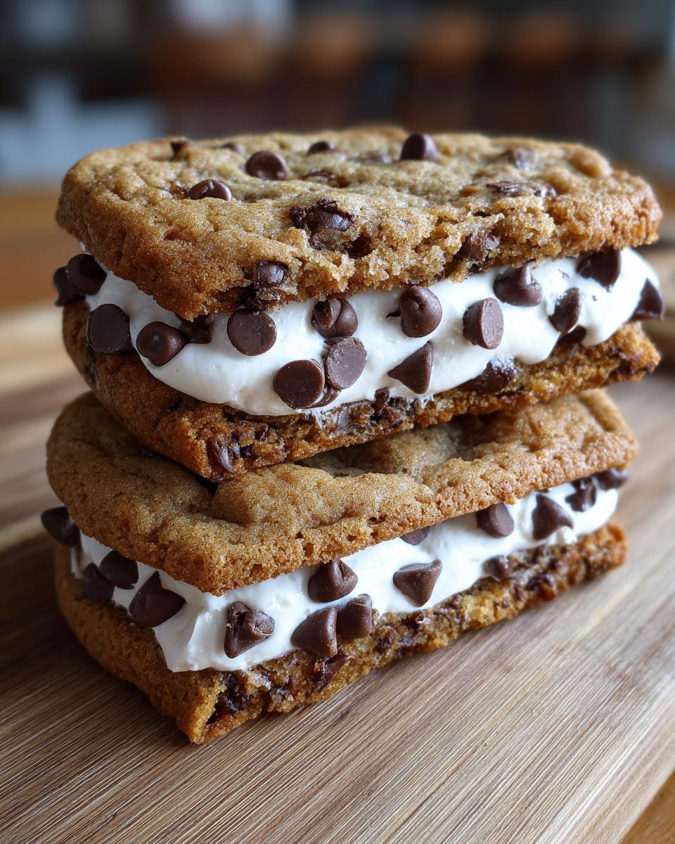 Two stacked Chocolate Chip Sandwich Cookies filled with white cream and mini chocolate chips.