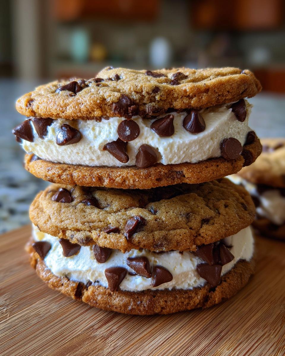 Two stacked Chocolate Chip Sandwich Cookies filled with thick white cream and mini chocolate chips, sitting on a wooden board.