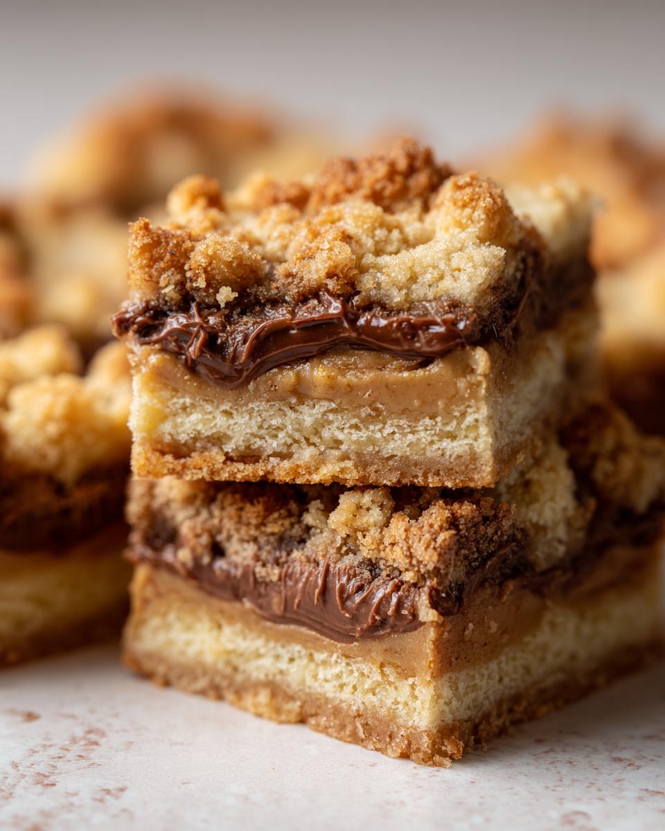 Two stacked Peanut Butter Shortbread Bars showing layers of shortbread, peanut butter filling, chocolate, and crumb topping.
