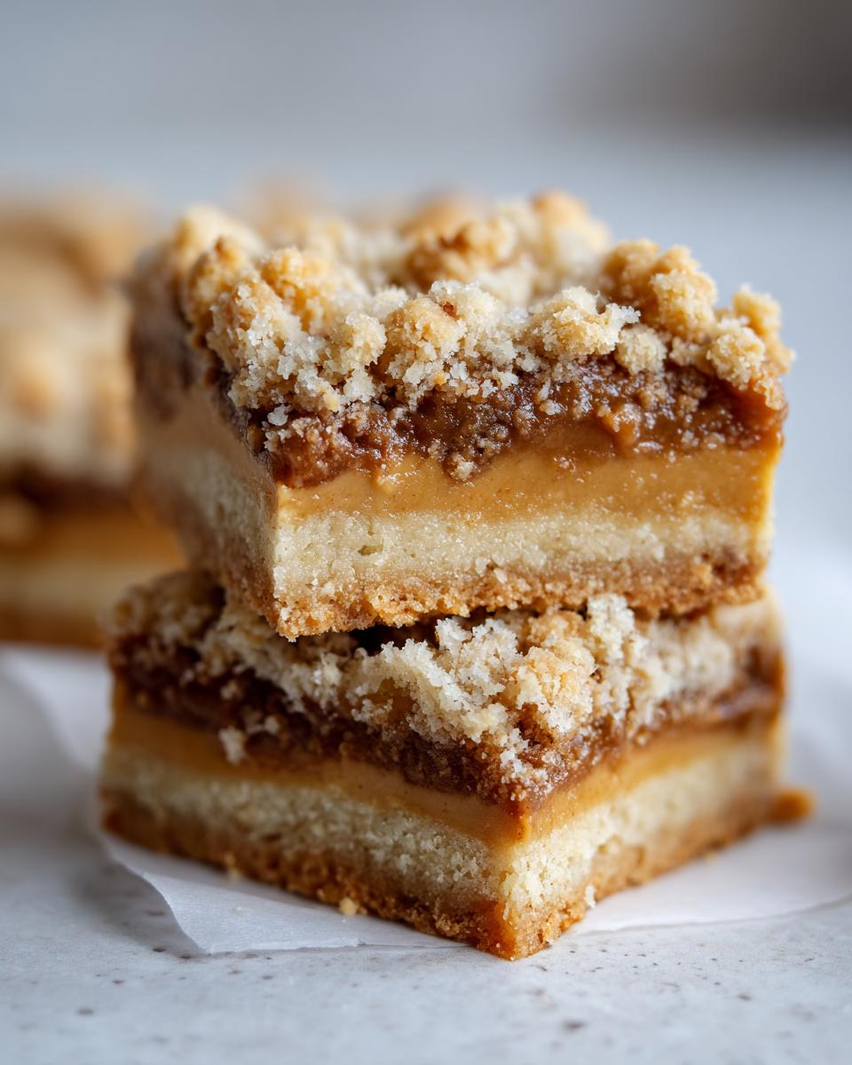 Two stacked Peanut Butter Shortbread Bars showing a thick shortbread base, creamy peanut butter layer, and crumbly topping.