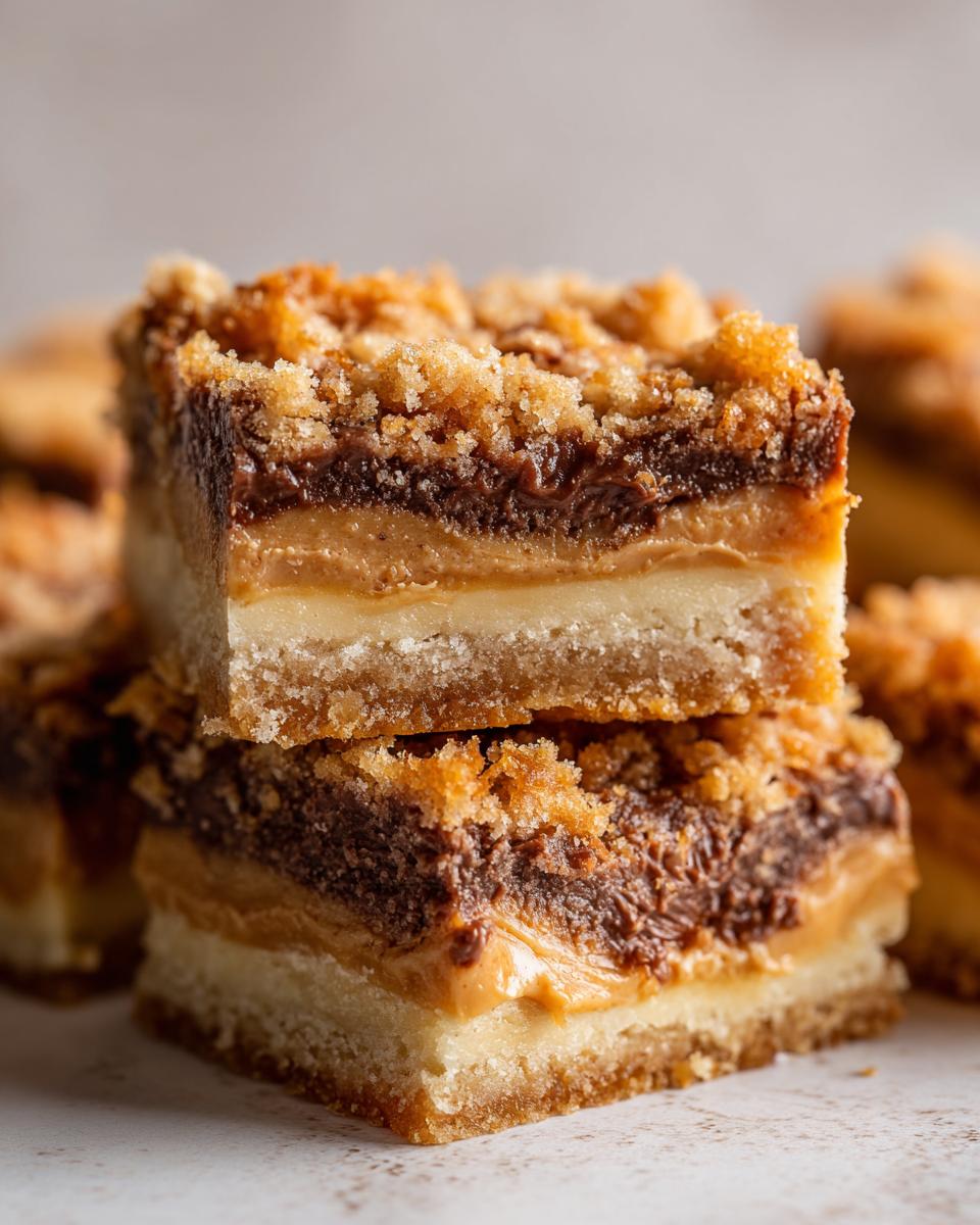 Two stacked Peanut Butter Shortbread Bars showing a shortbread base, peanut butter layer, chocolate layer, and crumb topping.