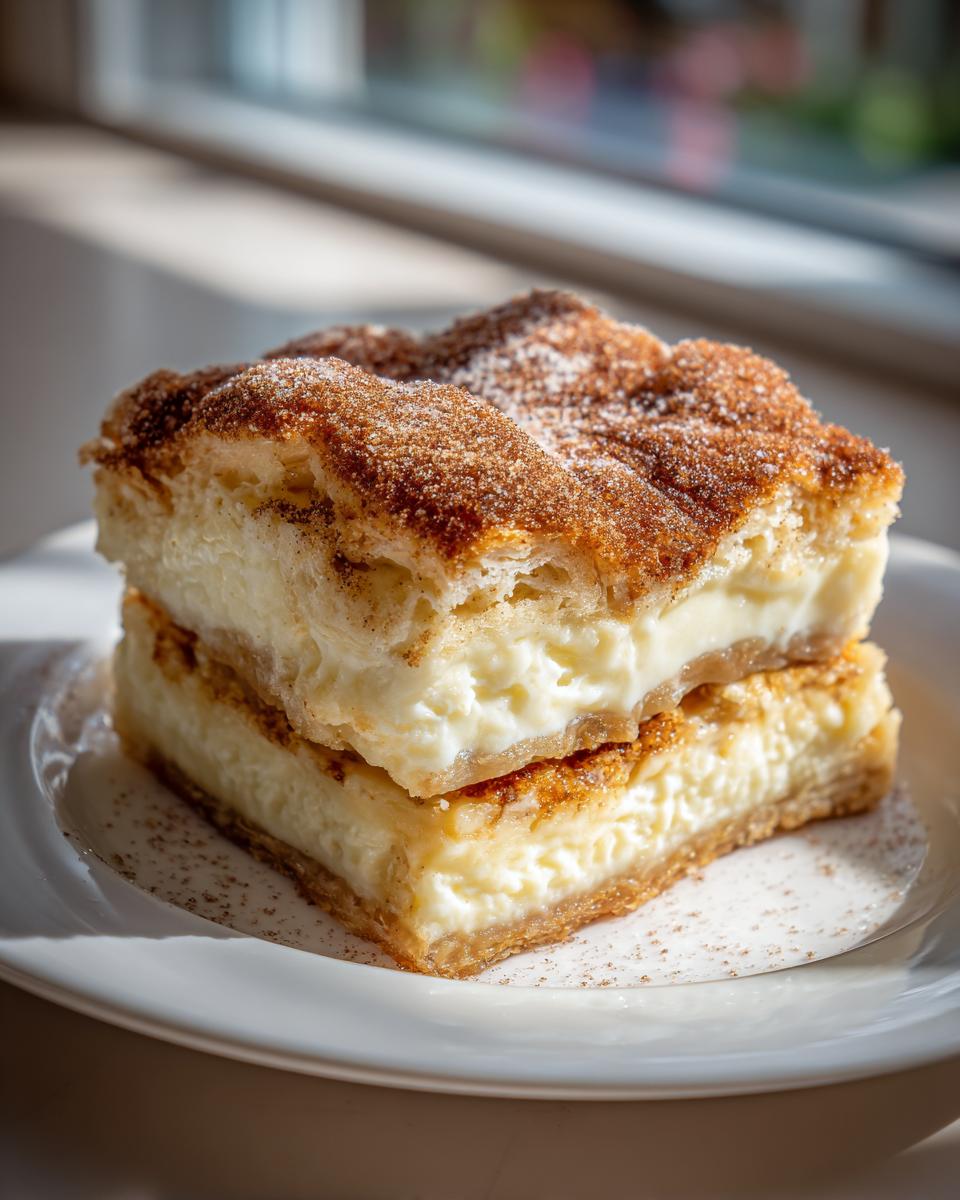 Two stacked squares of Sopapilla Cheesecake Bars topped with cinnamon sugar on a white plate.