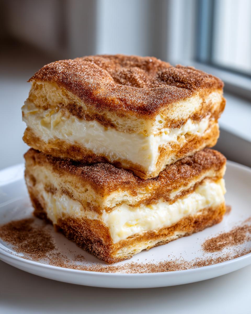 Two stacked squares of Sopapilla Cheesecake Bars, featuring creamy filling and a thick cinnamon sugar topping.