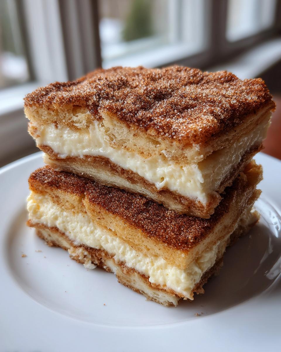 Two stacked squares of Sopapilla Cheesecake Bars showing a thick cream cheese layer and a cinnamon sugar topping.