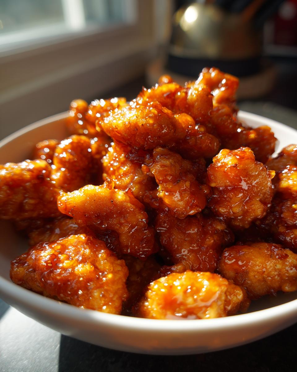 A close-up of a white bowl filled with glistening Sticky Orange Chicken Popcorn Chicken, coated in a rich orange glaze.
