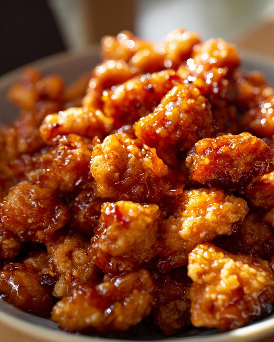 A close-up shot of a bowl filled with glistening Sticky Orange Chicken Popcorn Chicken.