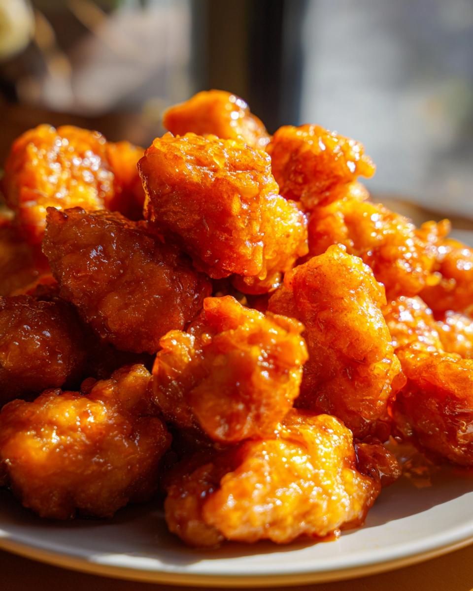 A close-up shot of a pile of delicious Sticky Orange Chicken Popcorn Chicken, coated in a glistening orange glaze.