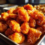 A close-up, mouthwatering pile of Sticky Orange Chicken Popcorn Chicken, glistening with sauce.