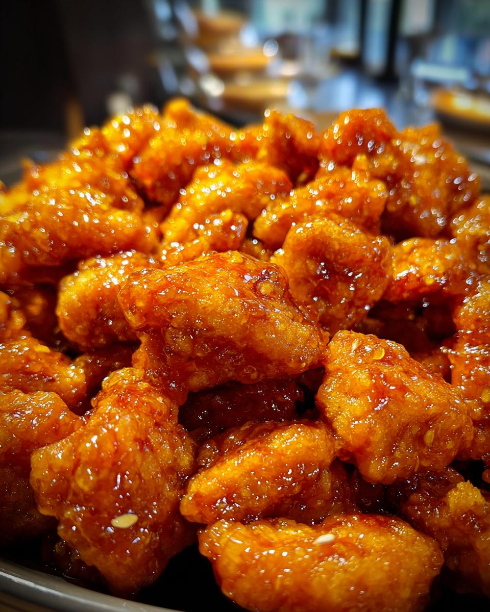 A close-up, mouthwatering view of Sticky Orange Chicken Popcorn Chicken, coated in a glistening orange glaze.