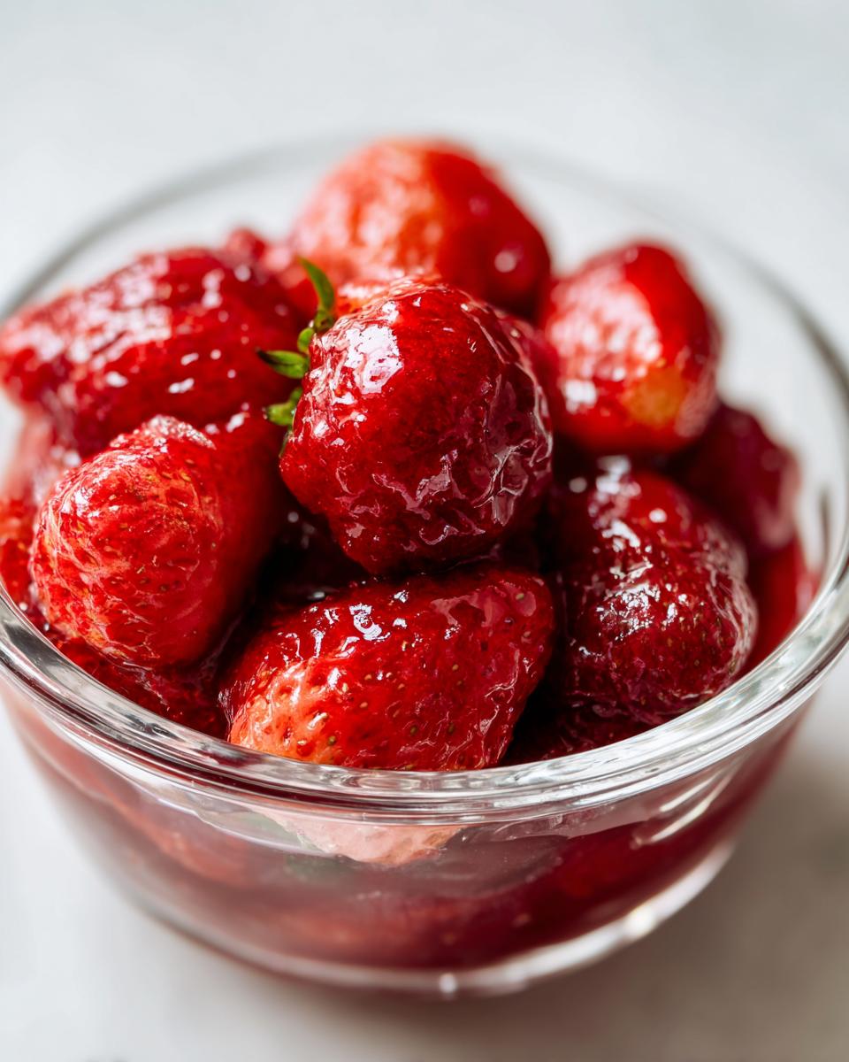 Close-up of fresh, ripe strawberries in a glass bowl, ready for a Strawberry Sauce Recipe.