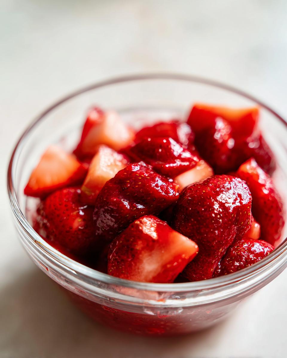 Close-up of fresh strawberries in a glass bowl, ready for a Strawberry Sauce Recipe.