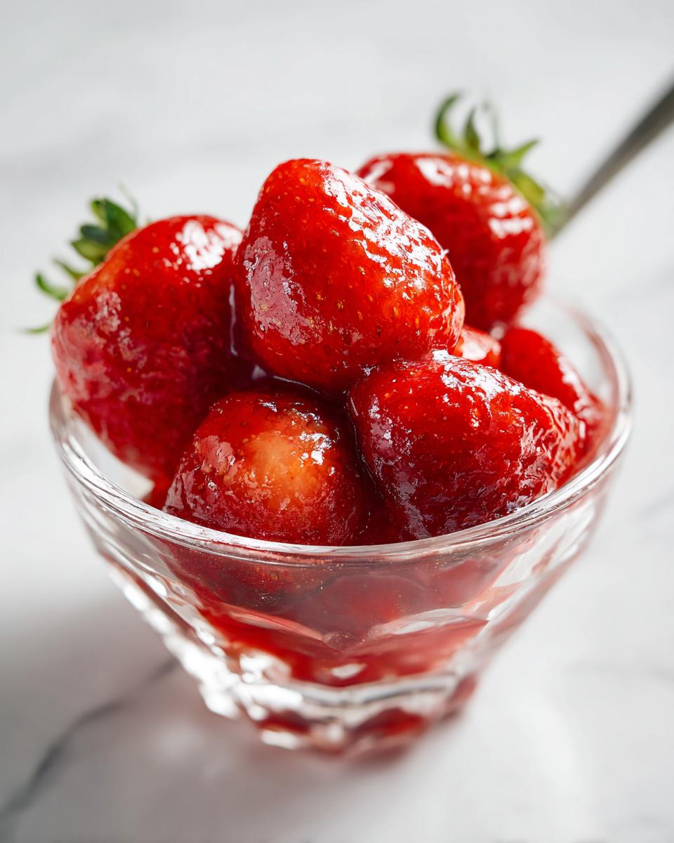 Close-up of fresh, glistening strawberries in a glass bowl, ready for a Strawberry Sauce Recipe.