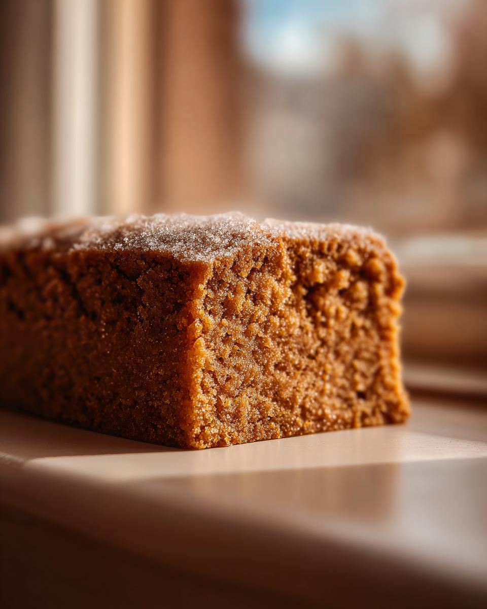 Close-up of a thick, golden-brown square of Peanut Butter Cookie Bars topped with sparkling sugar crystals.