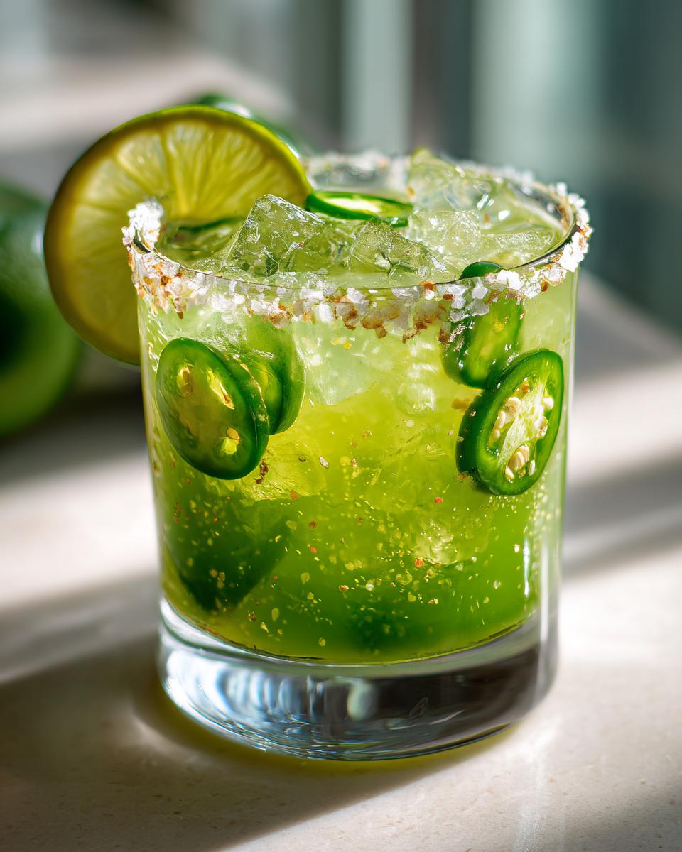 A refreshing Super Bowl cocktail: a spicy margarita with jalapeño slices, lime, and a salt rim.