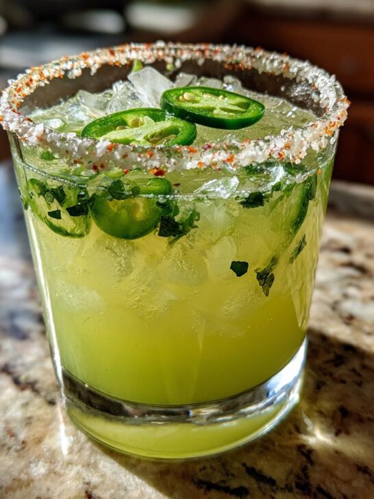 A refreshing spicy margarita with jalapeño slices and a salt rim, perfect for Super Bowl Cocktails.