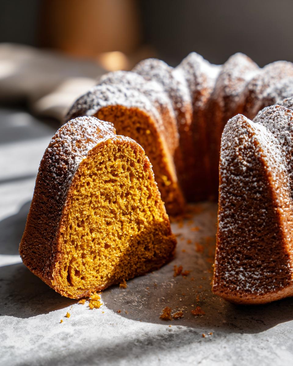 A slice of moist Sweet Potato Bundt Cake dusted with powdered sugar, showing its tender crumb.