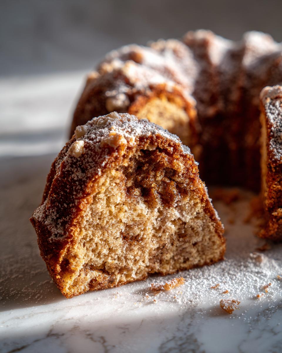 A close-up of a slice of moist Sweet Potato Bundt Cake, dusted with powdered sugar.