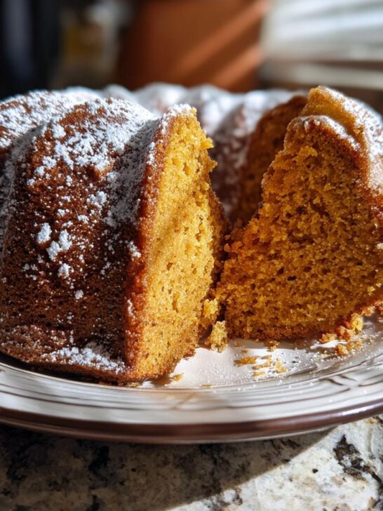 A slice of moist Sweet Potato Bundt Cake dusted with powdered sugar, served on a plate.