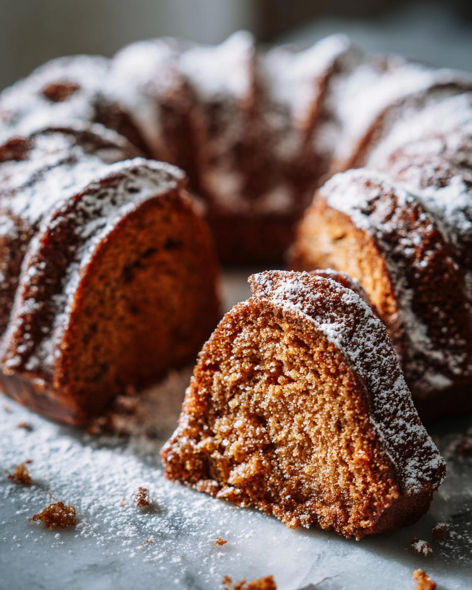 A slice of moist Sweet Potato Bundt Cake dusted with powdered sugar, showing its tender crumb.
