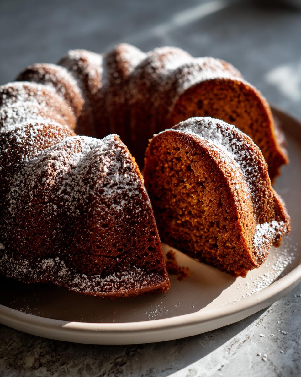 A close-up of a sliced Sweet Potato Bundt Cake, dusted with powdered sugar, on a plate.