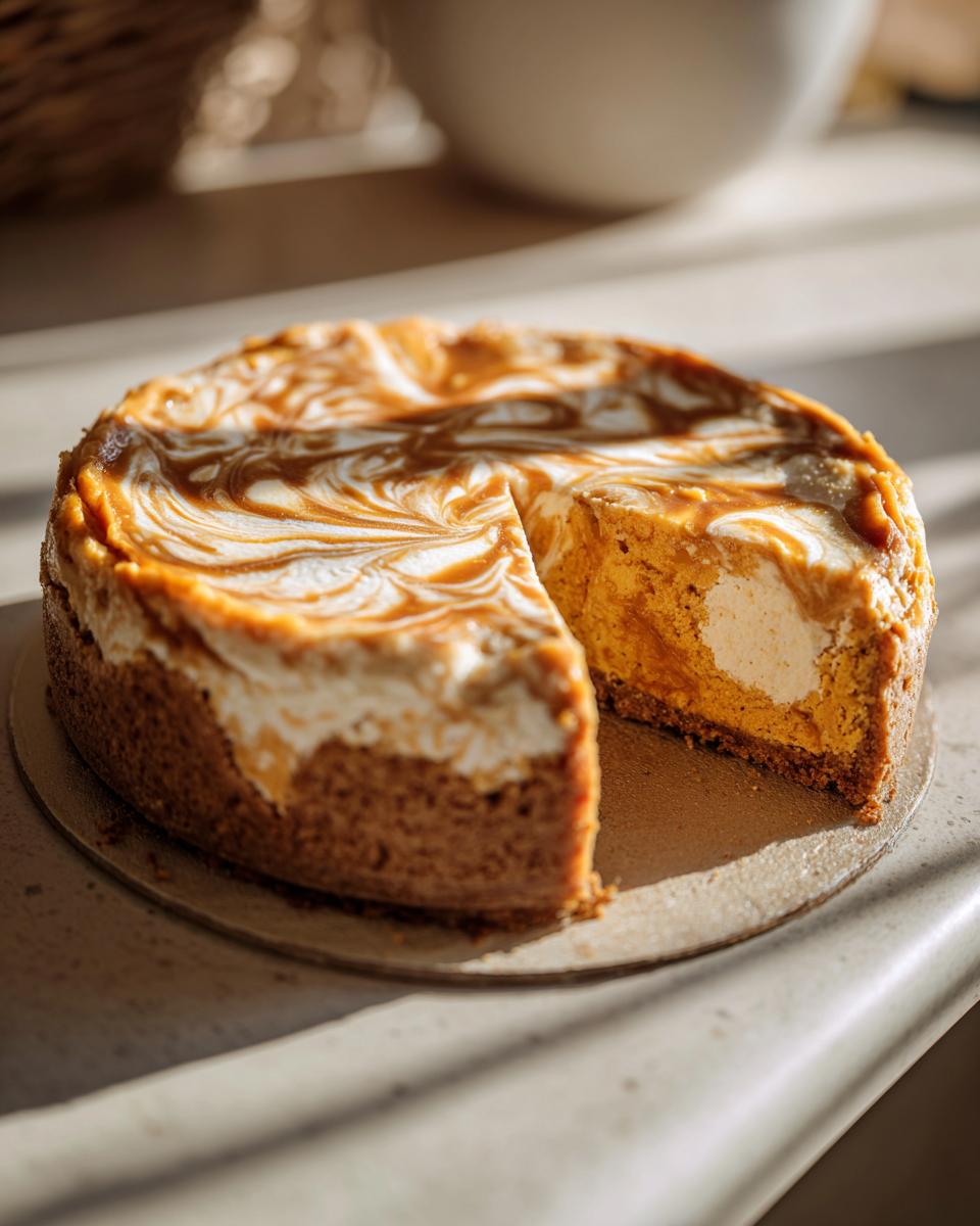 A slice is cut from a delicious Sweet Potato Caramel Cheesecake, showing its creamy filling and caramel swirls.