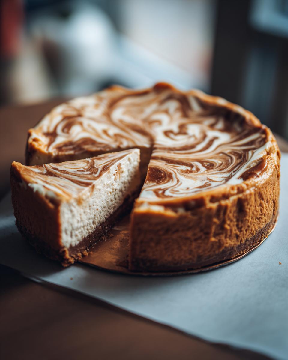 A slice of Sweet Potato Caramel Cheesecake with a swirled caramel topping and a graham cracker crust.