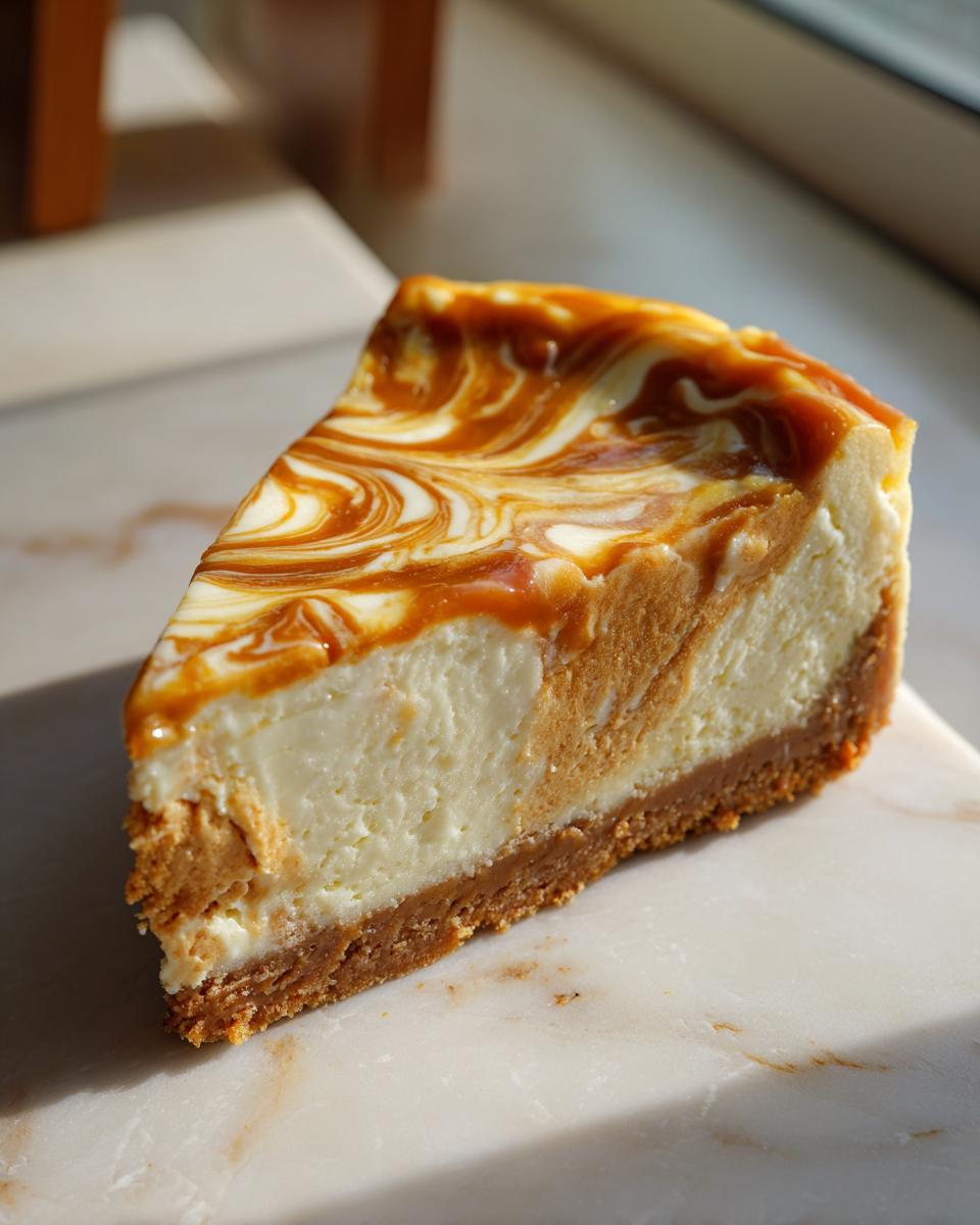 A close-up of a slice of Sweet Potato Caramel Cheesecake with a graham cracker crust and caramel swirls.