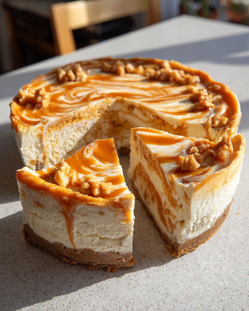 A slice of Sweet Potato Caramel Cheesecake topped with caramel drizzle and walnuts, with the rest of the cheesecake in the background.