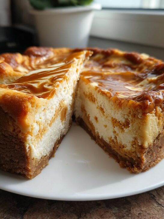 A slice of delicious Sweet Potato Caramel Cheesecake on a white plate, showing layers of creamy filling and caramel swirl.