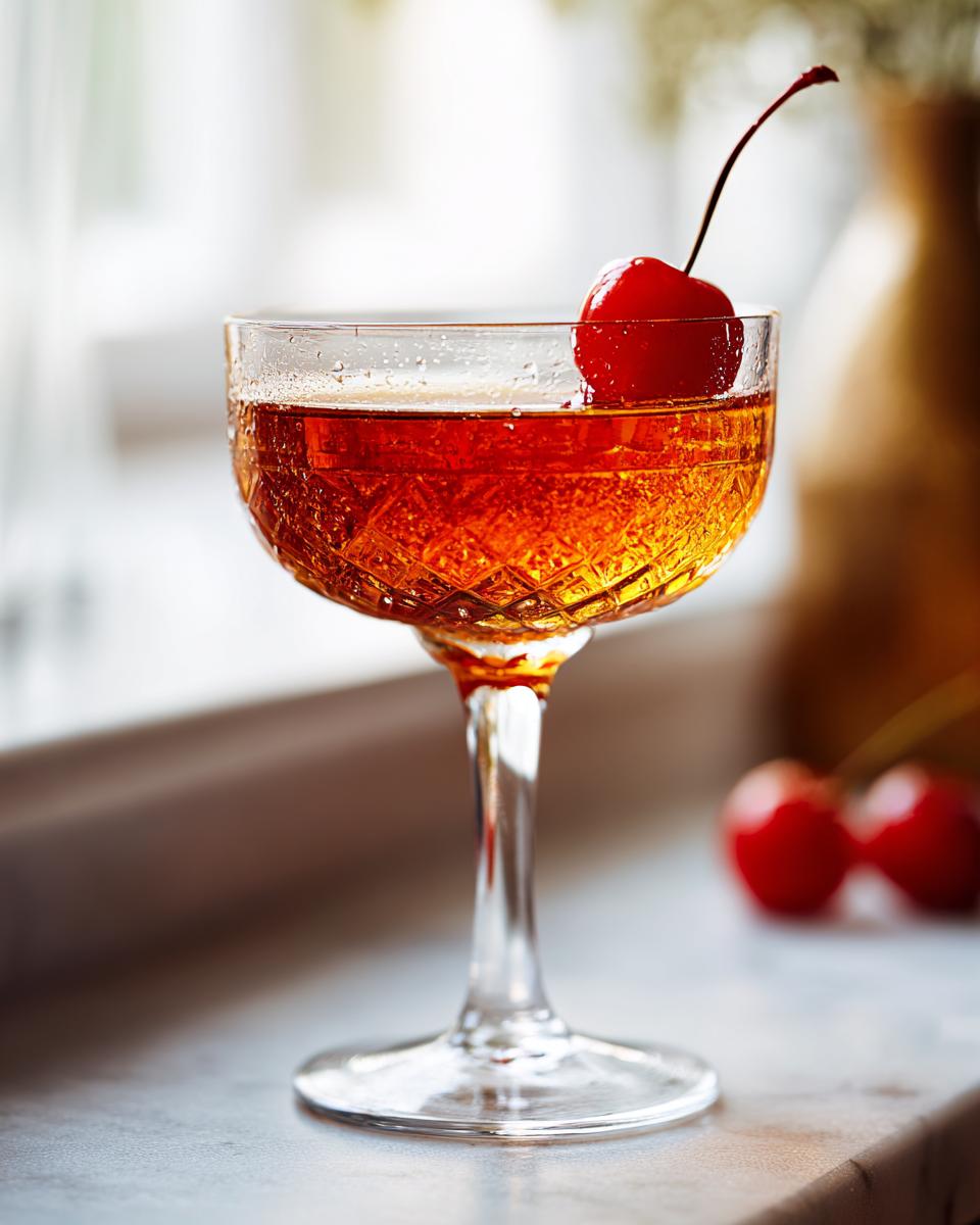 A classic Tequila Manhattan cocktail served in a coupe glass, garnished with a maraschino cherry.