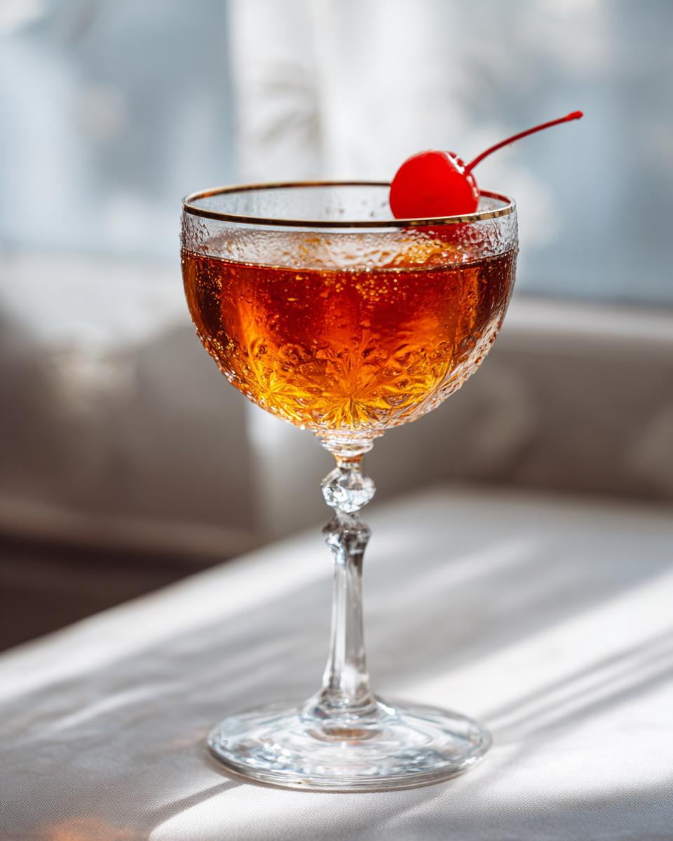 A classic Tequila Manhattan cocktail served in a coupe glass, garnished with a bright red cherry.