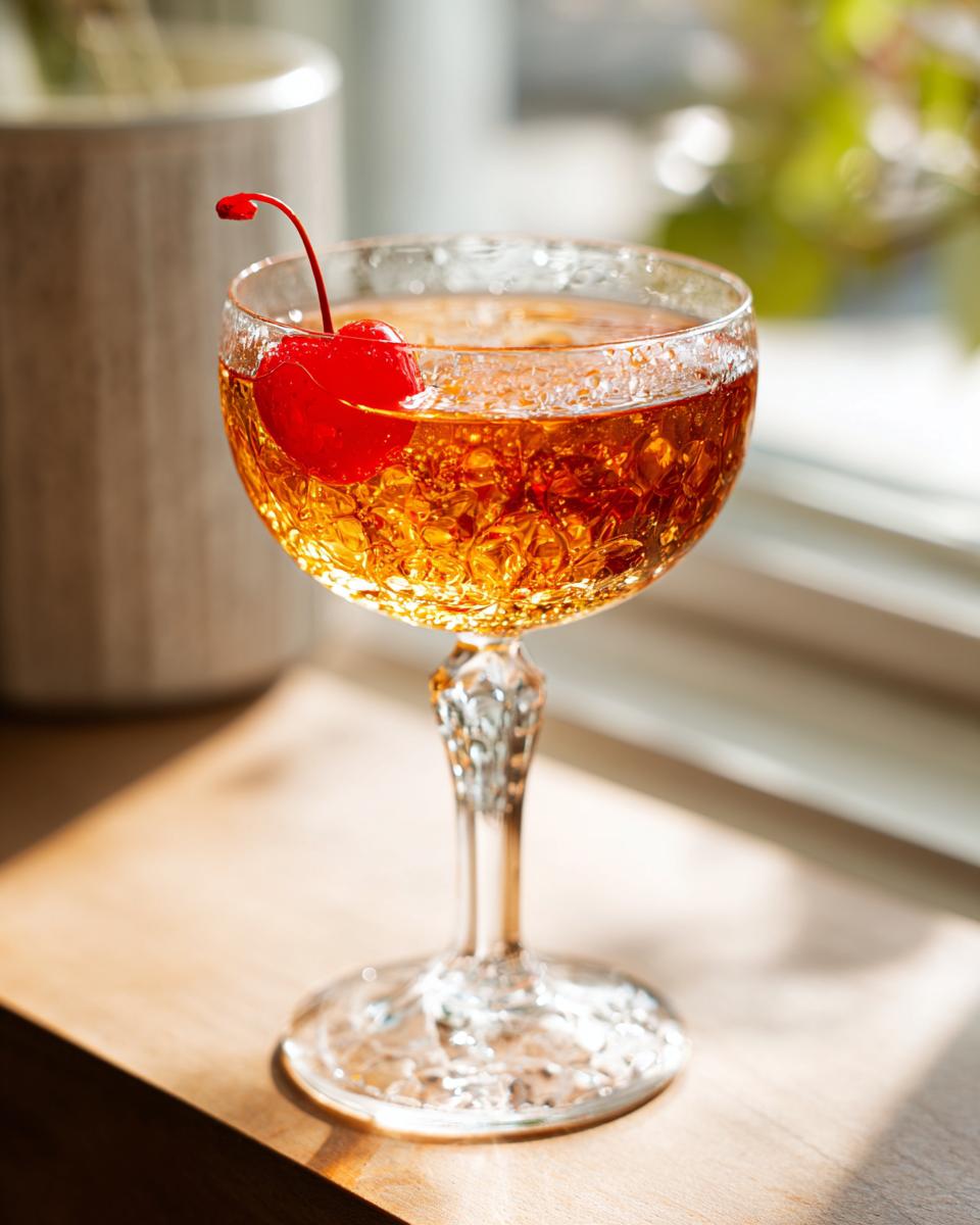 A classic Tequila Manhattan cocktail served in a coupe glass, garnished with a bright red maraschino cherry.