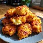 A pile of golden-brown, crispy Irresistible Texas Roadhouse Rattlesnake Bites on a blue plate, with one bite cut open showing melted cheese.