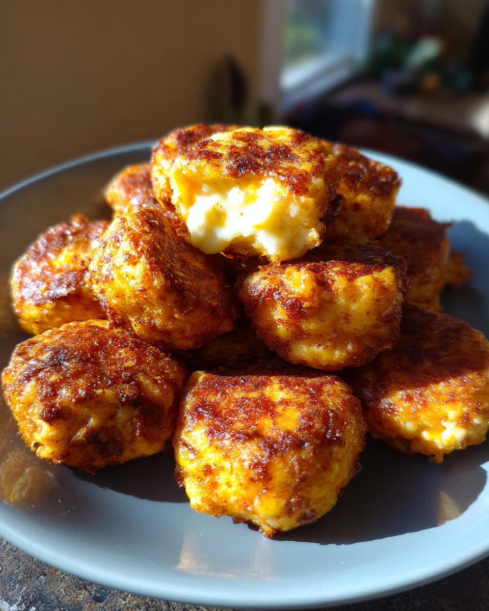 Golden brown, crispy fried Irresistible Texas Roadhouse Rattlesnake Bites on a gray plate, one bite is broken open revealing a cheesy center.