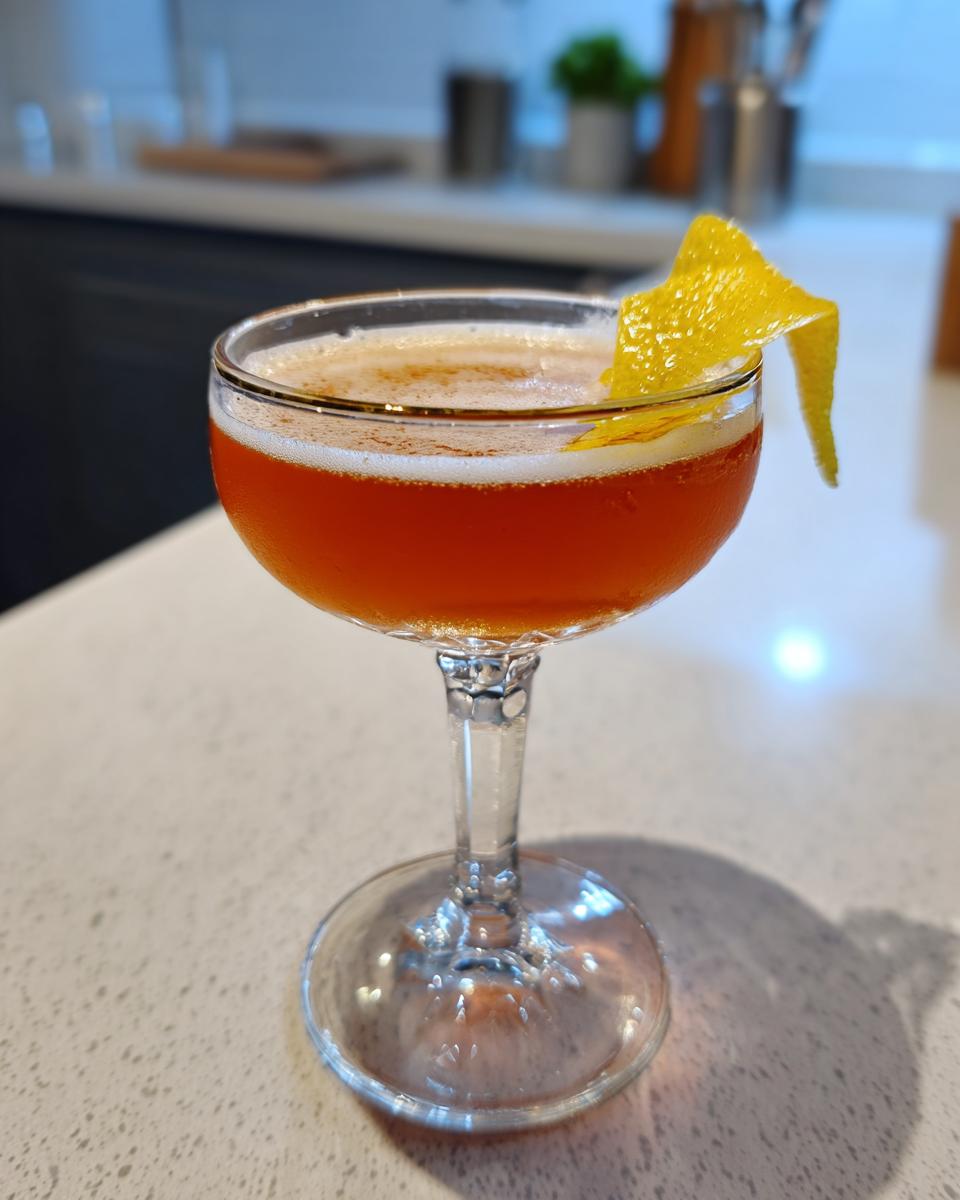 A close-up of The Paper Plane cocktail in a coupe glass, garnished with a lemon twist.