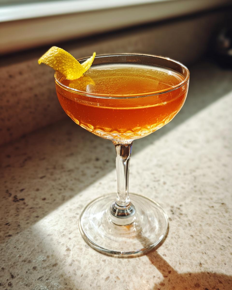 A classic Paper Plane cocktail in a coupe glass, garnished with a lemon twist.
