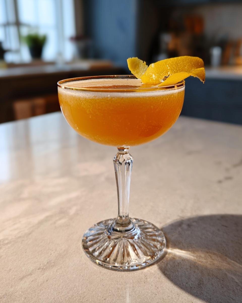 A close-up of The Paper Plane cocktail in a coupe glass, garnished with an orange peel twist.