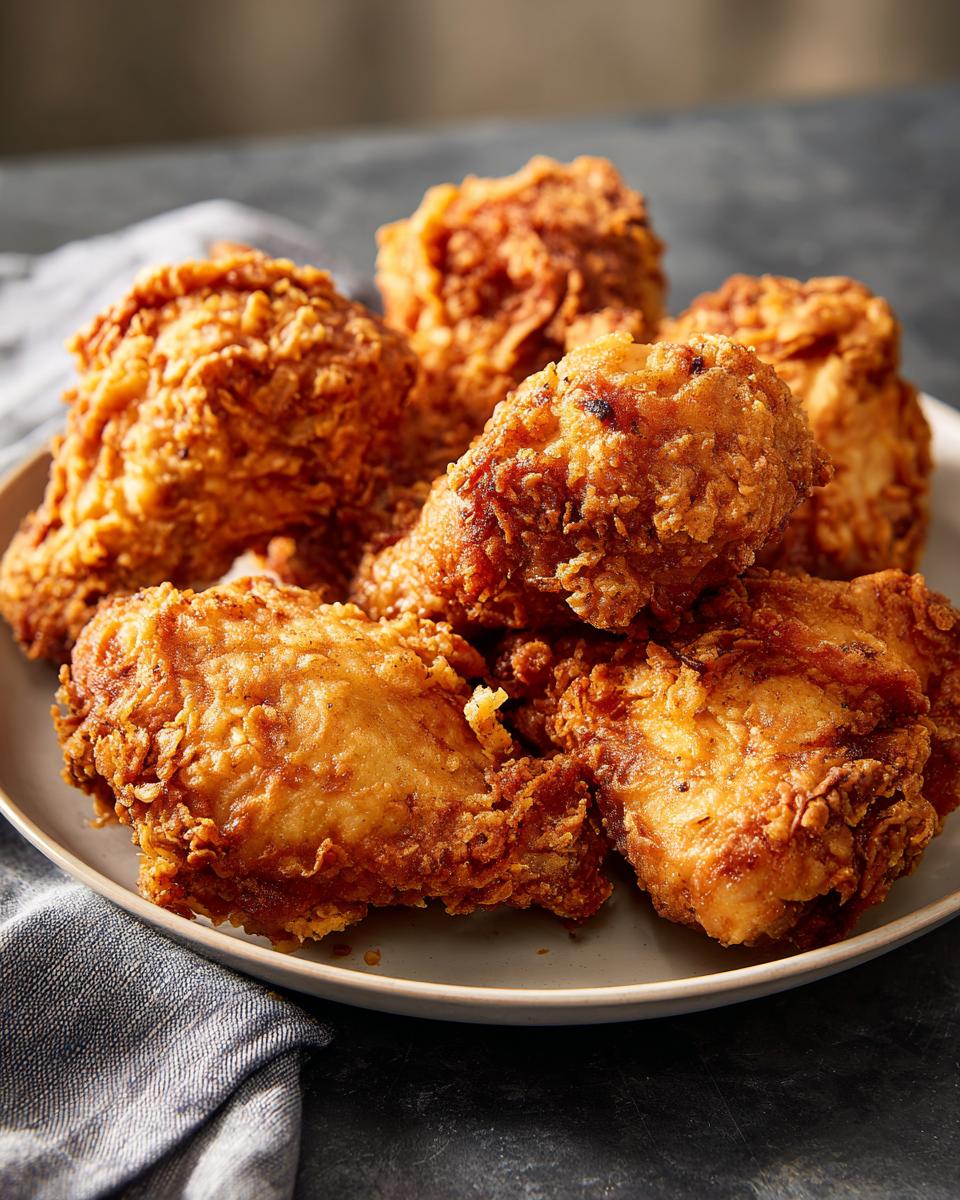 A close-up of a plate piled high with golden-brown, crispy fried chicken pieces, inspired by Toni Tipton Martin.