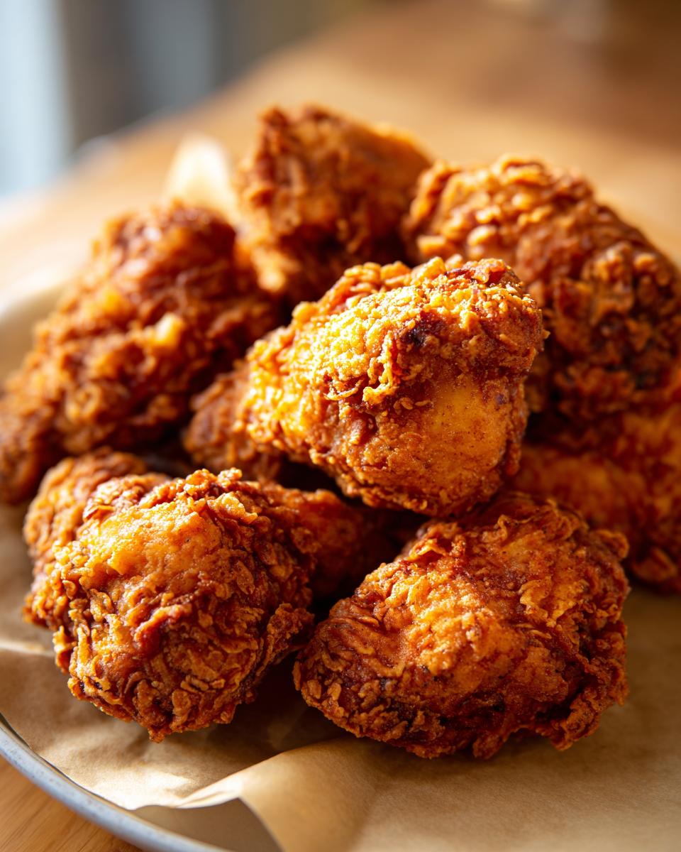 A close-up view of a pile of golden-brown, crispy fried chicken pieces, inspired by Toni Tipton Martin.