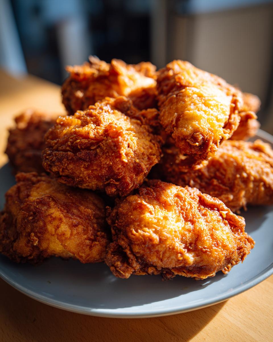 A close-up, mouthwatering pile of golden-brown, crispy fried chicken pieces on a blue plate, inspired by Toni Tipton Martin.