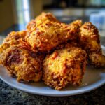 A close-up of a plate piled high with golden-brown, crispy fried chicken pieces, inspired by Toni Tipton Martin.