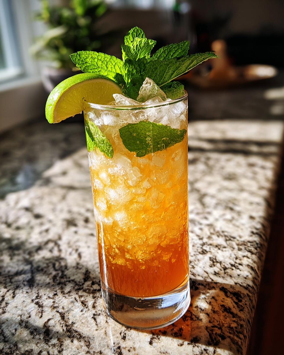 A refreshing Traditional Mai Tai cocktail in a tall glass, filled with crushed ice, garnished with a lime wedge and fresh mint leaves.