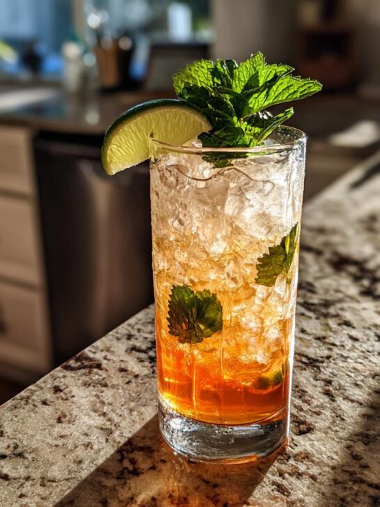 A refreshing Traditional Mai Tai cocktail in a tall glass, filled with crushed ice, mint leaves, and a lime wedge garnish.