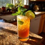 A tall glass filled with ice and a golden-hued Traditional Mai Tai, garnished with fresh mint and a lime wedge.