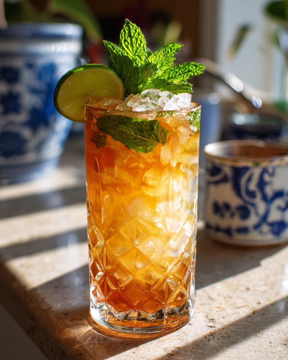 A tall glass filled with ice and a golden Traditional Mai Tai cocktail, garnished with fresh mint and a lime wedge.
