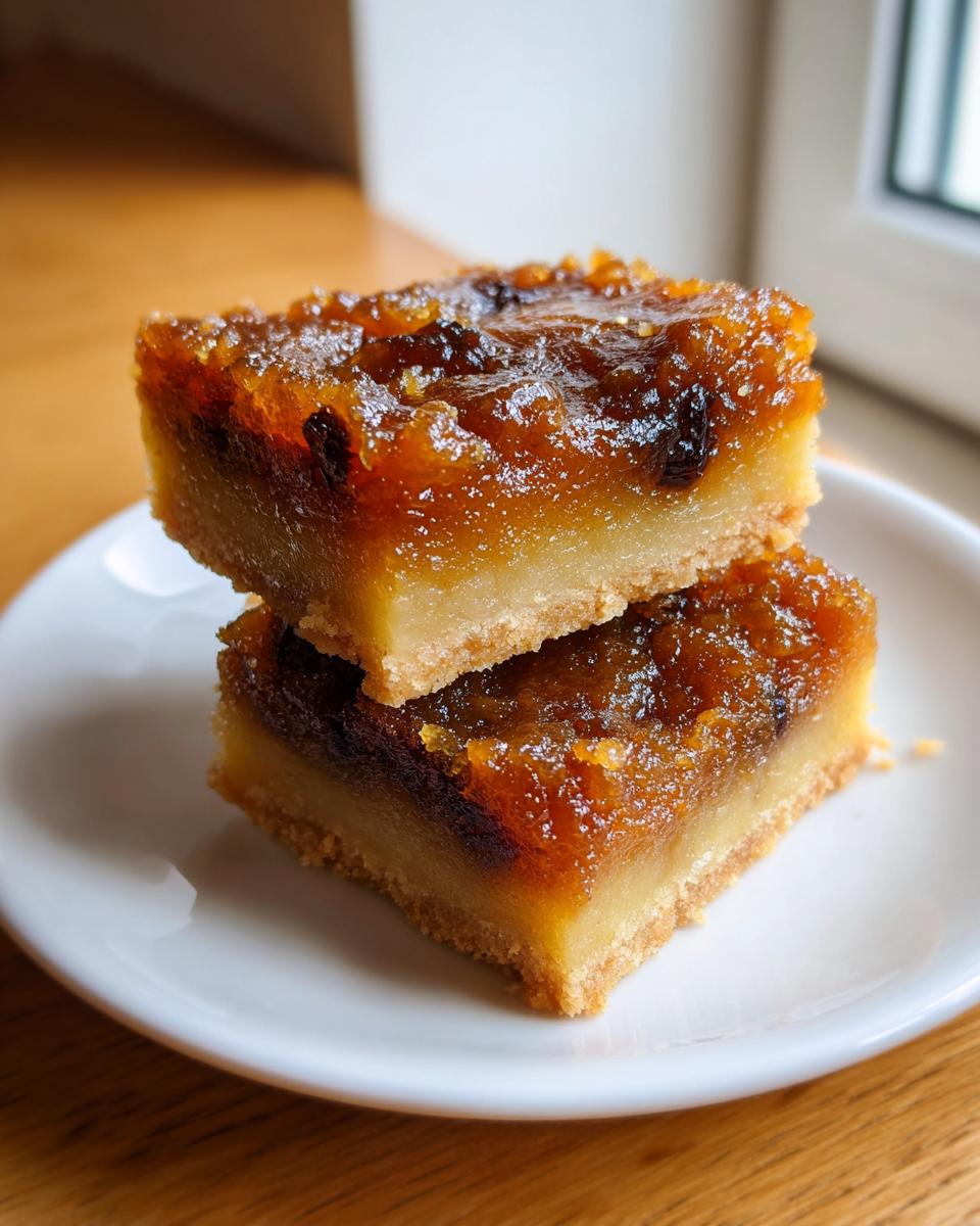 Two delicious Butter Tart Squares stacked on a white plate, showing a thick, buttery shortbread base and a rich, caramelized filling.
