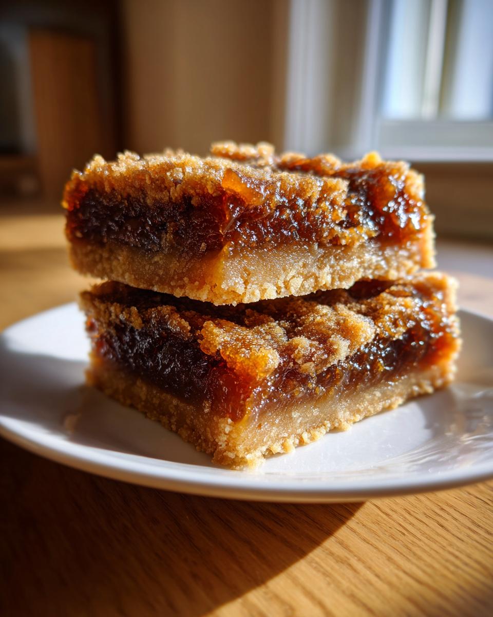Two rich, gooey Butter Tart Squares stacked on a white plate, showing the crumbly base and sugary topping.