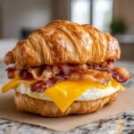 Close-up of an Ultimate Easy Croissant Breakfast Sandwich with fried egg, melted cheese, and crispy bacon.